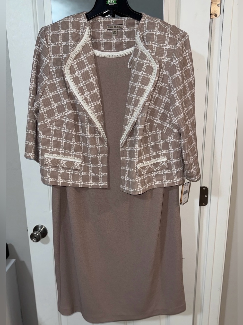 Maya Brooke Taupe Two-Piece Dress Set with Patterned Jacket